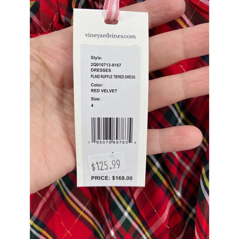 NWT Vineyard Vines Dress Girls Sz 4 Red Tartan Plaid Ruffle Cap Sleeve Midi - Picture 12 of 15